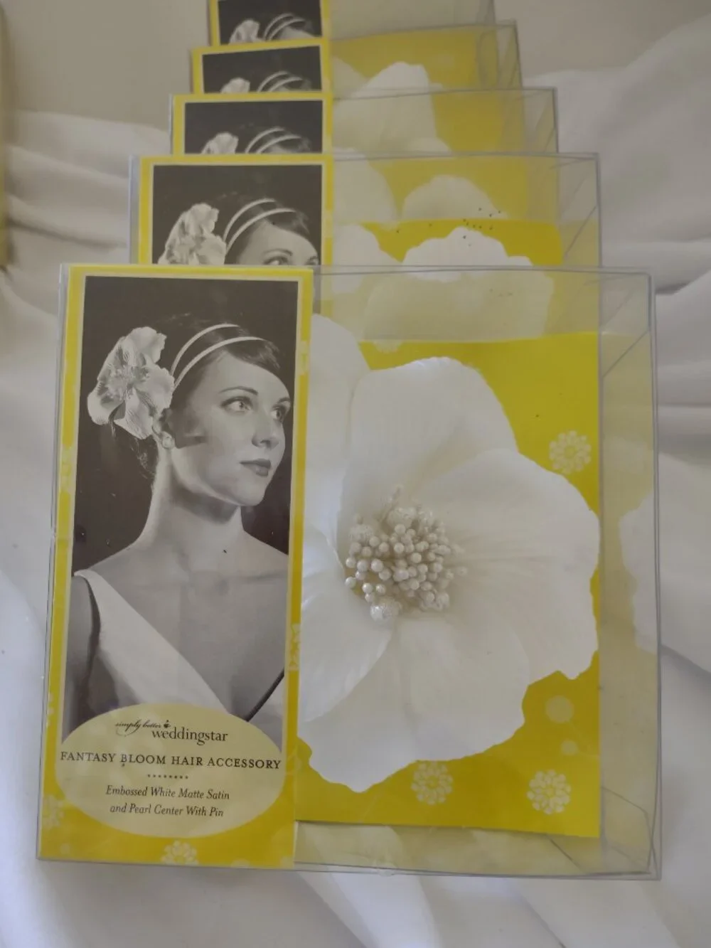 Fantasy Bloom Hair Accessories-X5 Pieces- White Satin & Pearl Center w/Pin NIB